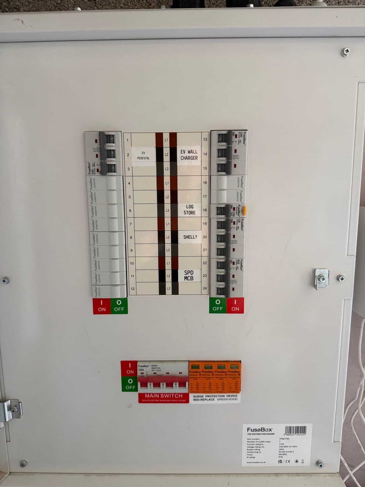 Three-phase FuseBox distribution board wired for an EV pedestal, wall charger and outbuildings, every way clearly labelled